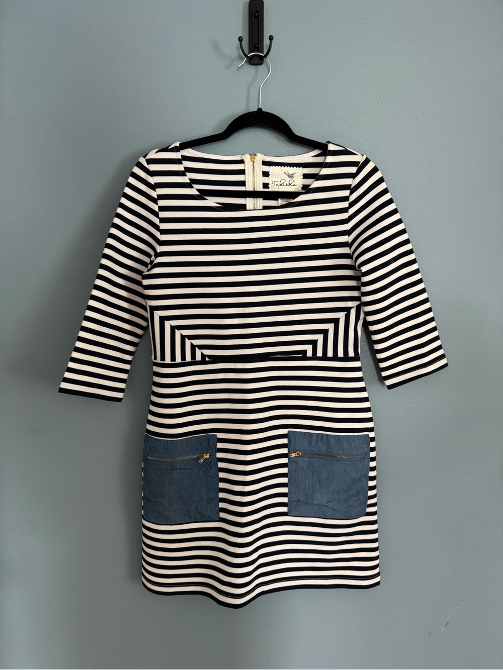 Tabitha Navy & White Striped Long-Sleeve Shift Dress with Denim Pockets